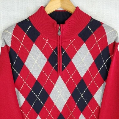 BROOKS BROTHERS Size XL Mens 100% Merino Wool Argyle 1/4 Zip Sweater Red Diamond - Image 1 of 4