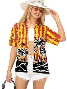 LA LEELA Hawaiian Shirts Womens Casual Summer Beach M Landscape, Red - Picture 1 of 3