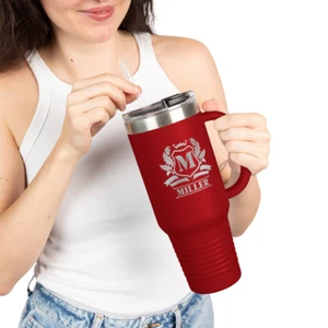 Miller Red 40oz Insulated Travel Mug Tumbler w/Handle & Straw Stainless Cup - Picture 1 of 5