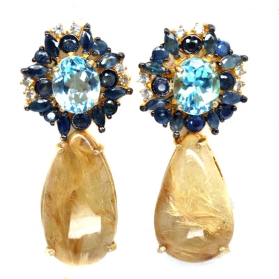 925 Silver 15 x 25 MM. Golden Rutile Quartz, Topaz & Sapphire & Zircon Earrings - Image 1 of 4