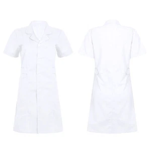 Women Lab Coat Medical Hospital Nurse Short Sleeve Uniform Dress,Long Jackets - Picture 1 of 26