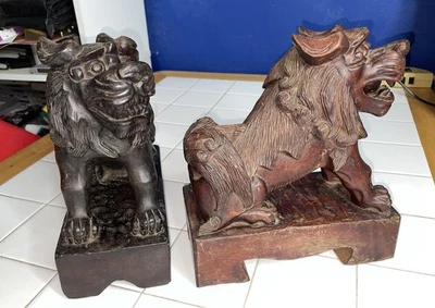Vintage Hand Carved Wooden Foo Dogs, Taiwanese 9x5x11 Foto 1 de 4
