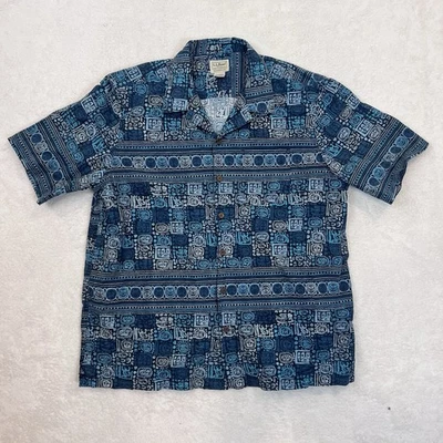 LL Bean Men’s Shirt Button Tropics Blue Short Sleeve Aztec Mayan Hawaiian Large - Image 1 of 4