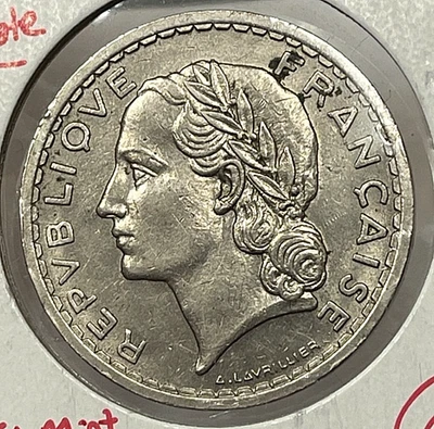 1937 France Five 5 Francs Scarce Key Date! 157k Mint - Image 1 of 2