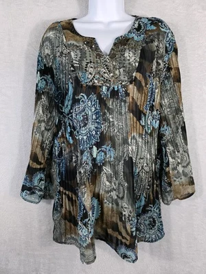 Top Dressbarn para mujer 1X Tachuelas de cachemira marrón verdoso 3/4 Slvs Fairy WhimsiGoth  Foto 1 de 4