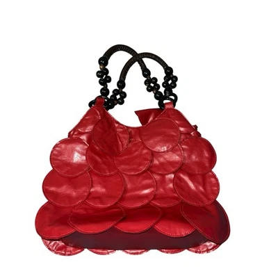 Unbranded Women’s Vintage Red Faux Leather Shoulder Bag Purse Wood Bead Handle - Image 1 of 4