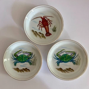 Vintage Set of 3 Dipping Dishes 4in Dia 2 Crab 1 Spiny Lobster Gold Rim LJ X1946 - Picture 1 of 8