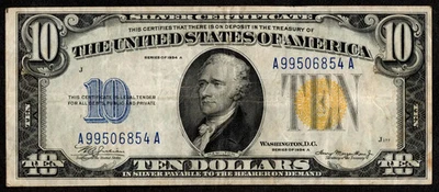 $10 1934-A NORTH AFRICA Fr. 2309 WWII EMERGENCY ISSUE Yellow Seal VF - Image 1 of 2