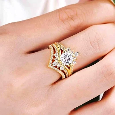 14K Yellow Gold Plated Round Cut Moissanite 2.00Ct Engagement Bridal Set Ring - Image 1 of 4