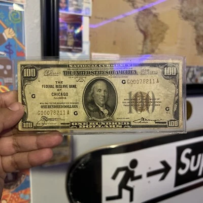 1929 $100 Dollar Federal Reserve Bank of Chicago Illinois National Bank Note Wow - Image 1 of 4