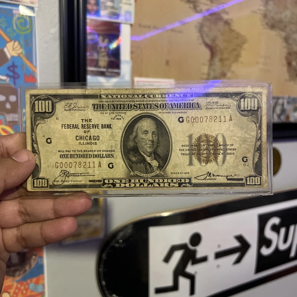 1929 $100 Dollar Federal Reserve Bank of Chicago Illinois National Bank Note Wow - Image 1 of 4