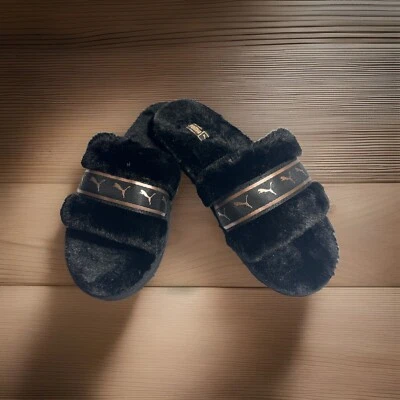 Zapatillas Puma Slide Mujer Negro/Oro Rosa Logo Talla 7 ¡NUEVAS! Foto 1 de 3