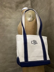 Bolso LL Bean Boat And Tote Mediano de Lona Beige Azul Marino Top Abierto De Colección Años 80 EE. UU. - Imagen 1 de 7