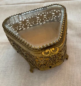 Vintage Ormolu Filigree Footed Jewelry Casket W/ Beveled Glass, Velvet lining - Picture 1 of 7