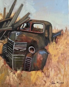 original impressionistisches Gemälde alter Oldtimer LKW verlassener Bauernhof signiert Liam - Bild 1 von 3