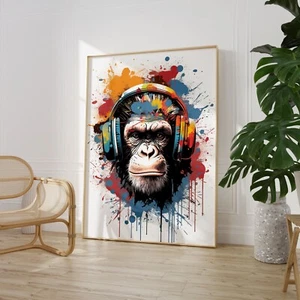 Aquarell Affe Kopfhörer Druck Poster Wandbild Wohndeko Typ Kunstwerk 9015 - Bild 1 von 1