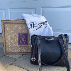 Brighton Elsbeth Blk/Choc Handbag Purse Leather Trim H90499 Original Box + Bag  - Picture 1 of 12