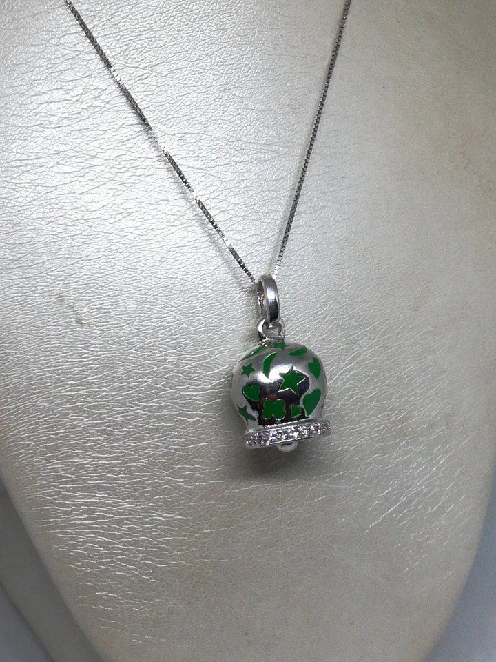  CIONDOLO ARGENTO CAMPANA SMALTATA COLOR VERDE CON ZIRCONI MISURA GRANDE - Immagine 1 di 3