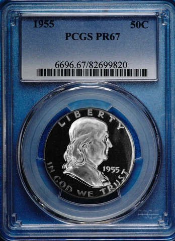 1955 Franklin Half Dollar 90% Silver, Proof, PCGS PF67 PR67 Cameo Obv 820 Cover