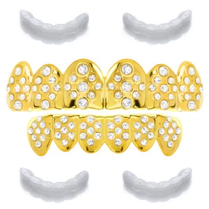 Men's Gold Plated FULL CZ Mouth Caps TOP Bottom GRILLZ Teeth LS011 G 2 Ex Mold - Picture 1 of 3