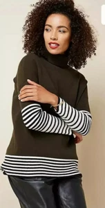 Kaleidoscope Ladies Dark Olive Ivory Striped Roll Neck Jumper Sweater Size 10 - Picture 1 of 7