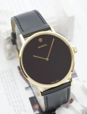 Nuevo reloj Movado para hombre firma oro amarillo esfera negra correa de cuero 0607591 Foto 1 de 2