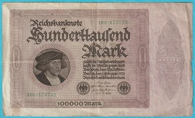 1923 Germany 100000 Mark Banknote Antique Collectible Large note P83a 10U-173752 - Image 1 of 2
