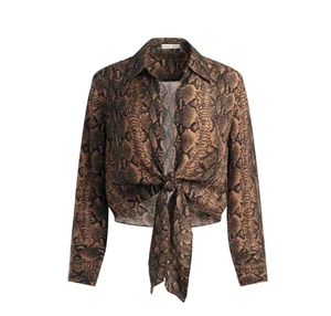 Alice + Olivia Hannon cravatta davanti camicia top blusa donna marrone medio nero serpente - Foto 1 di 10