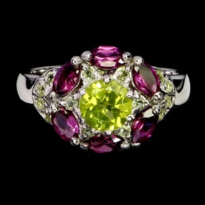 925 Sterling Silver Ring Round Peridot 6mm Rhodolite Garnet Gemstone Jewelry 8 - Picture 1 of 13