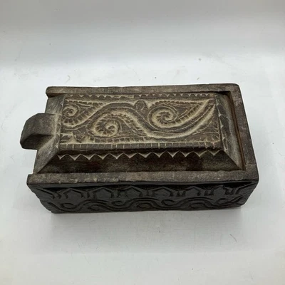 RDG Rajasthan Decorative Box Rectangular Wood Brown Carved Lid Handle Boho - Image 1 of 4