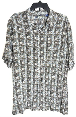 Campia Rayon Shirt Mens XL Button Up Brown Blue Abstract Geometric Print Retro - Image 1 of 4