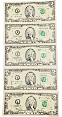 Lot of 5 Uncirculated Sequential 2003 Two Dollar Bills Consecutive Serial $2 - Image 1 of 2
