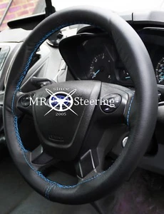 FOR FORD TRANSIT CONNECT 13+ BLACK LEATHER STEERING WHEEL COVER LIGHT BLUE ST - Picture 1 of 6