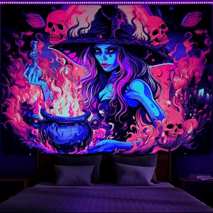 Blacklight Witch Tapestry UV Reactive Skull Tapestries Magic Potion Fire Tapestr - Picture 1 of 11