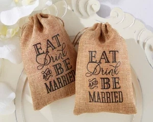12 Eat Drink & Be Married Burlap Wedding Bridal Shower Party Favor Bags - Bild 1 von 1