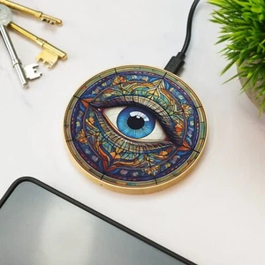 Stained Glass Eye Wireless Phone Charger Wooden Printed Cell Phone Gift - Picture 1 of 4