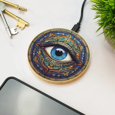Stained Glass Eye Wireless Phone Charger Wooden Printed Cell Phone Gift - Image 1 of 4