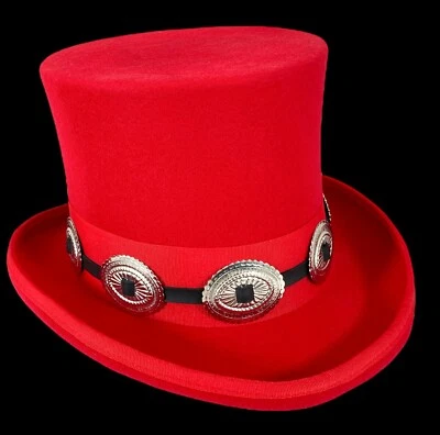 Top Hat Rosso Lana Steampunk Concho Band Costume Vittoriano Slash Cappellaio Matto USA  - Immagine 1 di 4