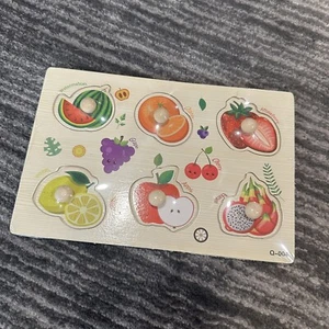 Wooden Fruit Peg Puzzles Toddlers Preschool Educational Board Motor Skill 9x6 in - Picture 1 of 7