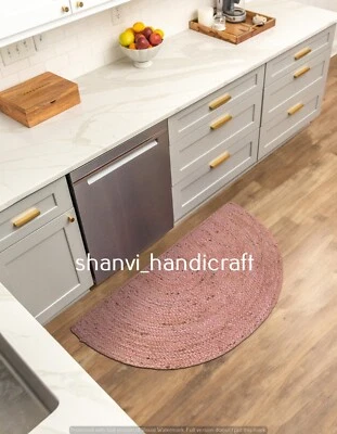 Half Round rug natural jute hand braided farmhouse jute area rug peach color rug - Image 1 of 4