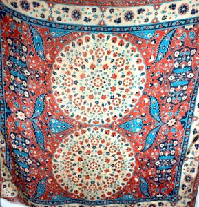 Sciarpa nappa seta Johnny Was stampa floreale paisley blu rosso nappe naturali - Foto 1 di 6