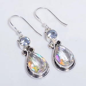 Mystic Quartz Crystal Gemstone Handmade 925 Sterling Silver Earrings 1.8" F462 - Picture 1 of 5