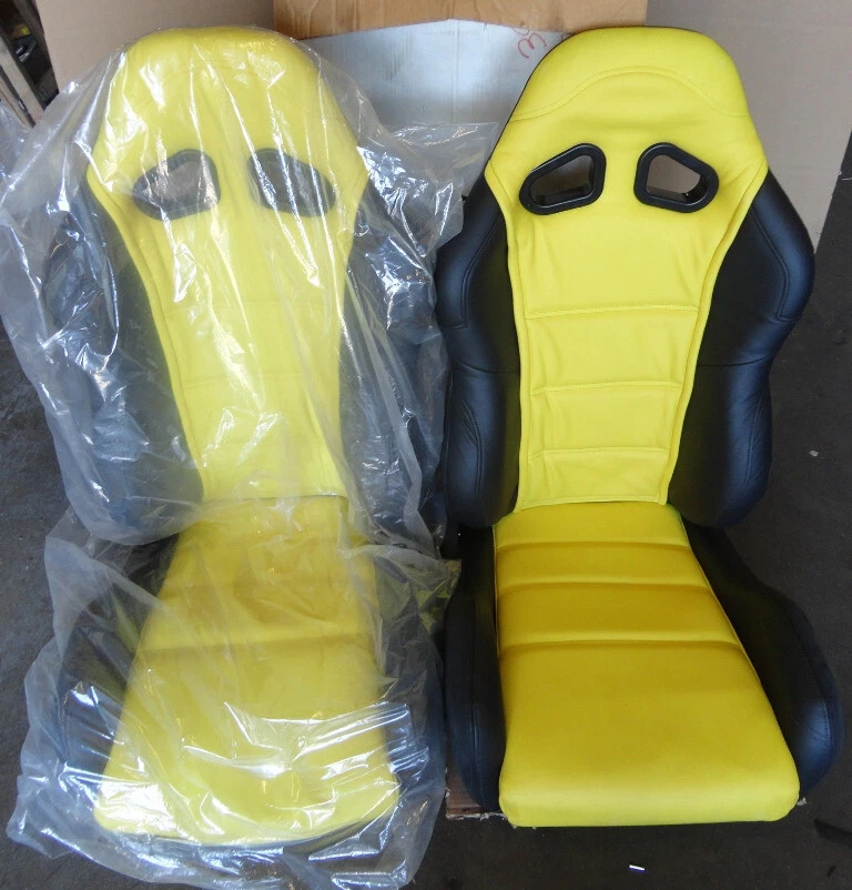 Nuevo par de asientos Corbeau CR-1 sin usar cubiertos personalizados en cuero amarillo y negro Foto 1 de 1