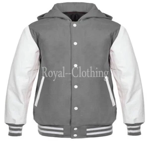 Varsity Letterman Béisbol Gris Lana y Blanco Cuero Genuino Mangas Sudadera con Capucha - Imagen 1 de 2