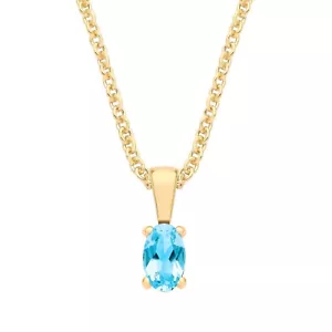 9ct Yellow Gold Natural Blue Topaz Oval Solitaire Pendant + 18" Chain December - Picture 1 of 7