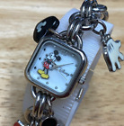 Disney Accutime Quartz Watch Mickey Lady Silver Square Charms Analog New Battery