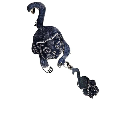925 STERLING SILVER Cat and Dangling Mouse Brooch Pin Pendant Necklace Kitty Pet - Image 1 of 4