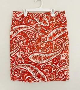 J CREW The Pencil Skirt 8 Orange Paisley Stretch Cotton Back Slit - Picture 1 of 5