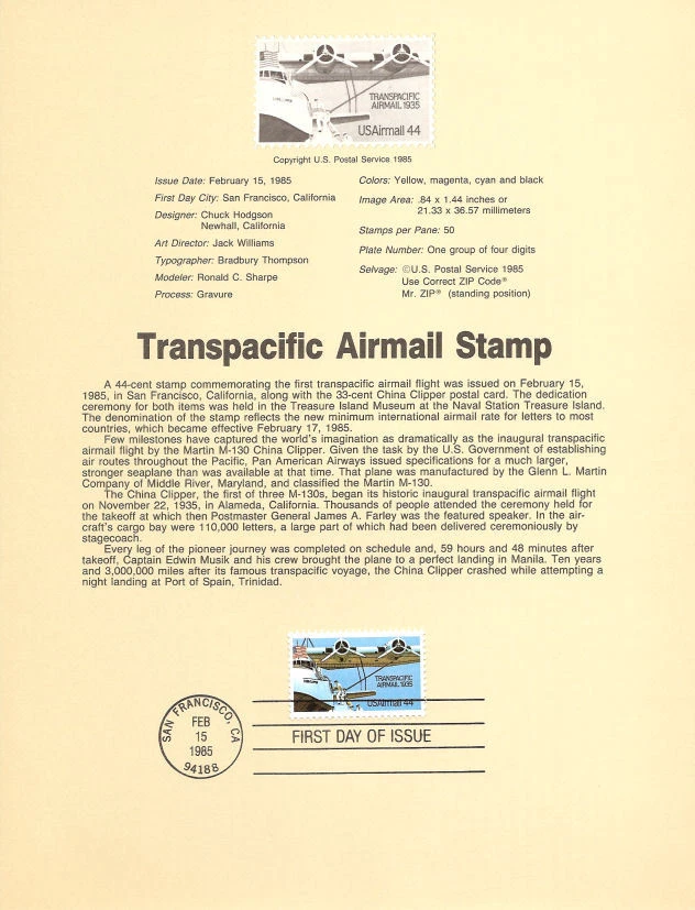 #8509 44c Transpacific Flight Stamp - Scott #C115 USPS Souvenir Page - Image 1 of 1