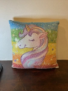 Girl's Unicorn Sequined Shiny Solid Silver Reverse Throw Pillow 14" x 14" - Picture 1 of 8